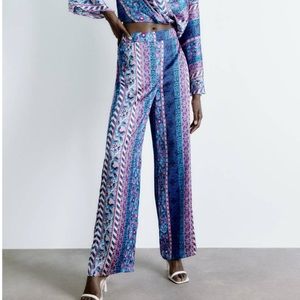 Zara Satin Effect Printed Wide Leg Pajama Style Pants Blue Multicolor LA…